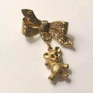 Bear with gold bow dangle drop gold pin brooch
